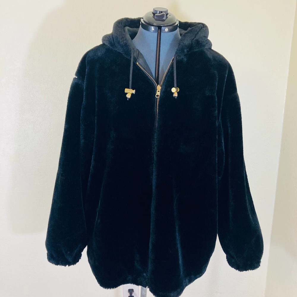 Fully Reversible Luxurious ebony black lined faux fur coat